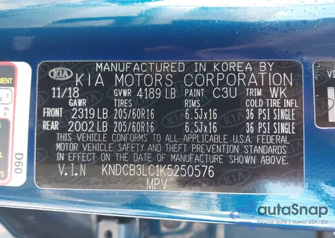 2019 Kia Niro Lx из США, поврежденный, VIN KNDCB3LC1K5250576